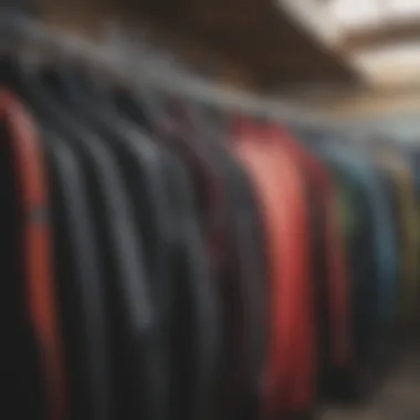 Diverse styles of wetsuits displayed on hangers