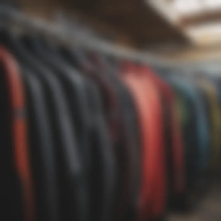 Diverse styles of wetsuits displayed on hangers