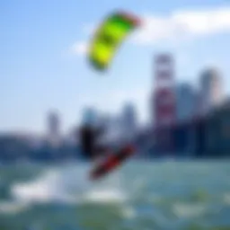 Vibrant kitesurfer performing tricks against the backdrop of San Francisco's coastline