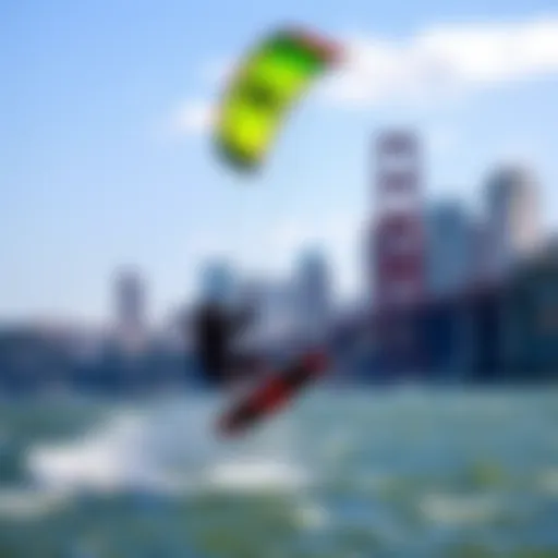 Vibrant kitesurfer performing tricks against the backdrop of San Francisco's coastline