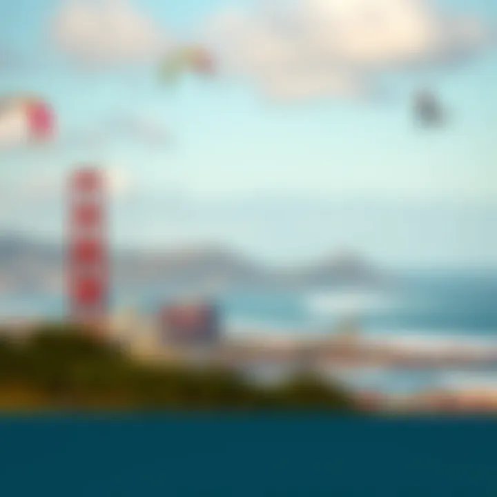 Panoramic View of San Francisco Kitesurfing Spot A panoramic view of San Francisco's kitesurfing location with iconic landmarks