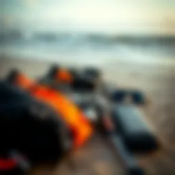 Kite surfing gear laid out on the beach