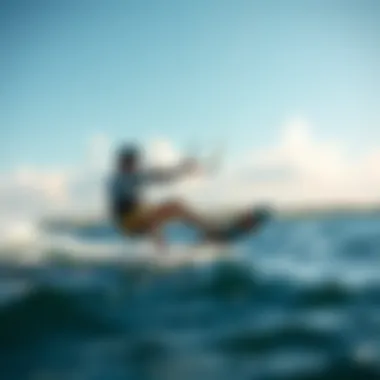 Kiteboarding Action with IKO Pans Kiteboarder skillfully maneuvering on water with IKO pans.