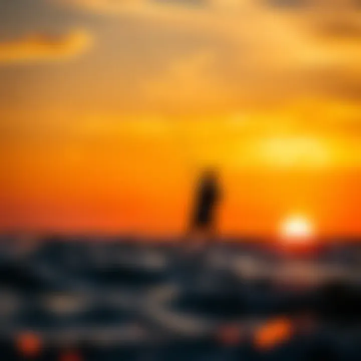 Kiteboarding at Sunset: An Adventurous Experience Kiteboarder navigating the waves against the backdrop of a vibrant sunset