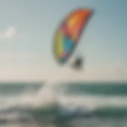 A vibrant kite surfing scene with colorful kites soaring above the ocean