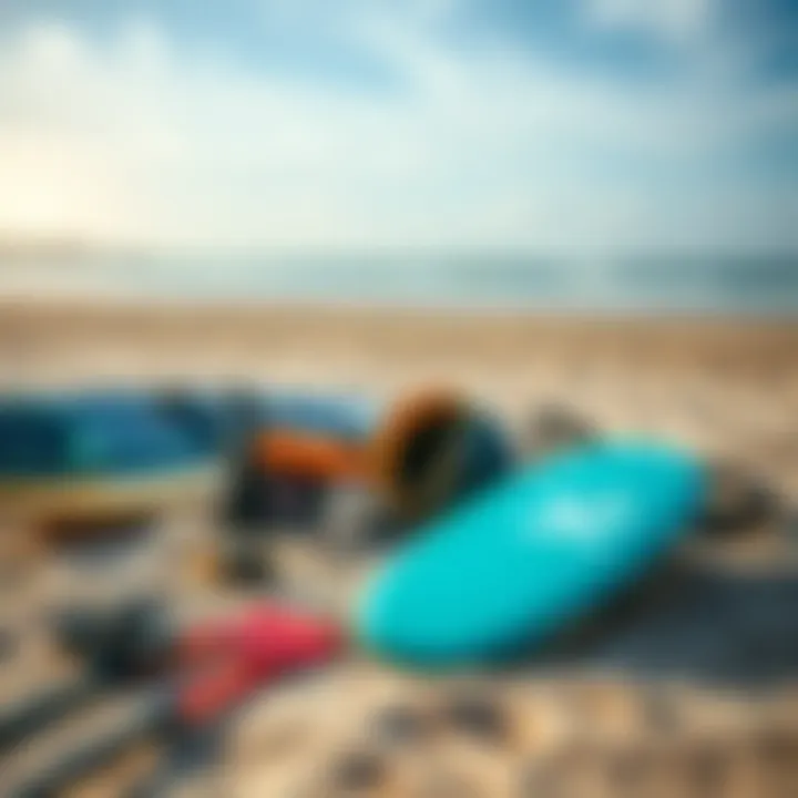 Kiteboarding equipment laid out on the sand