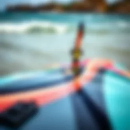 Close-up view of a Liquid Force kite board showcasing its sleek design and vibrant colors.