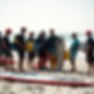 Community Engagement Around Liquid Force Kite Boards A group of kiteboard enthusiasts discussing their Liquid Force kite boards at a beach event.