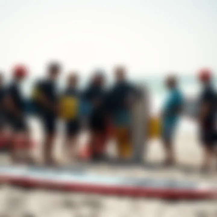 Community Engagement Around Liquid Force Kite Boards A group of kiteboard enthusiasts discussing their Liquid Force kite boards at a beach event.