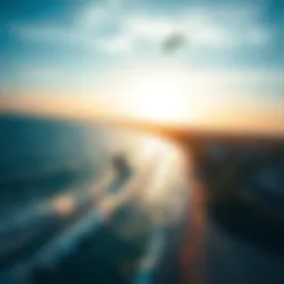 An aerial view of a vibrant kiteboarding scene
