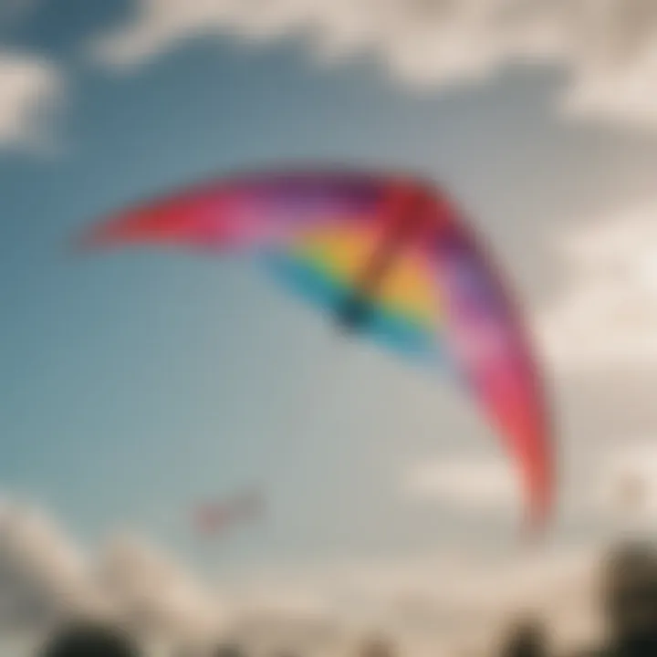 Vividly colored Ozone kite soaring through the sky