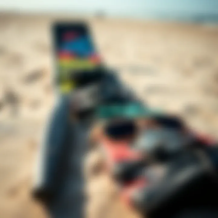 Kiteboarding gear laid out on a sandy beach