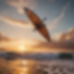 A vibrant sunset over a wave, featuring a wing surfer gliding effortlessly.