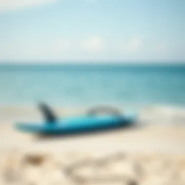 Hydrofoiling Surfboard at the Shore A serene beach setting with a hydrofoiling surfboard resting on the sand