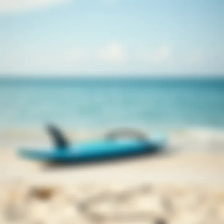 Hydrofoiling Surfboard at the Shore A serene beach setting with a hydrofoiling surfboard resting on the sand