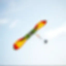 A close-up view of a four-line kite in flight, showcasing its intricate design and structure.