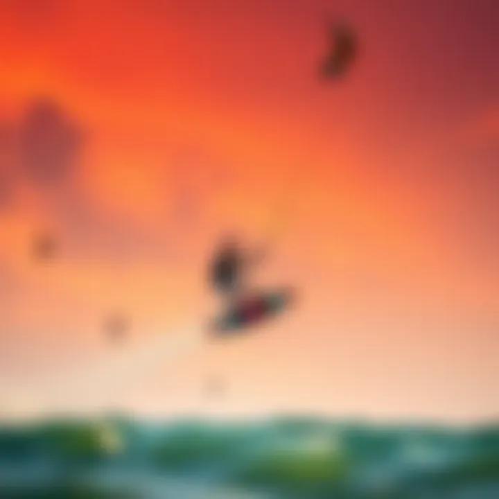 Maneuverability with Four-Line Kites A kiteboarder maneuvering skillfully with a four-line kite against a vibrant sunset backdrop.