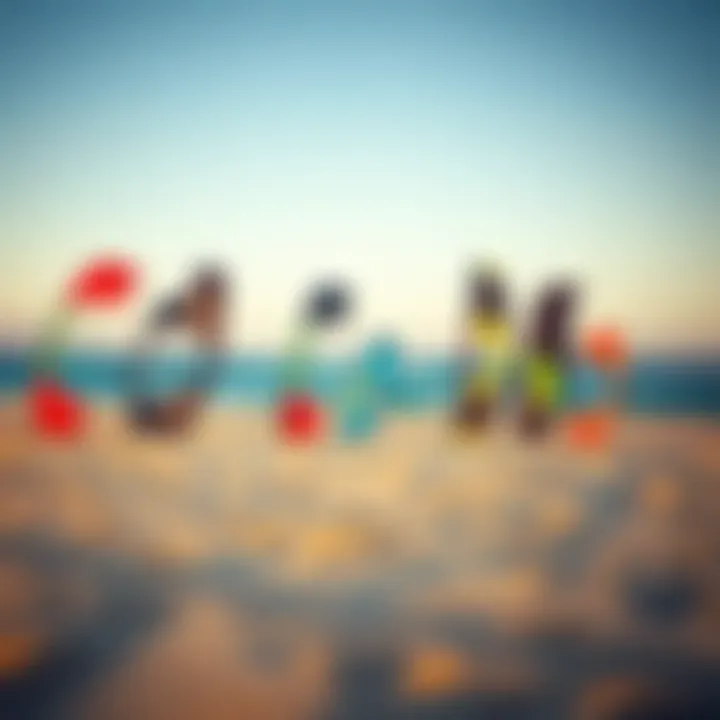 Diverse Sizes for Every Kiteboarder An array of kite wings in various sizes displayed on a sandy beach