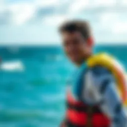 A vibrant kiteboarder showcasing the mystic life jacket against a stunning ocean backdrop