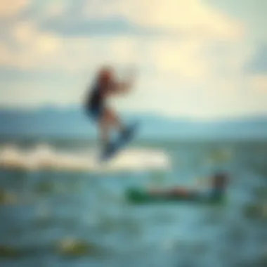 A kiteboarder riding the Waydoo Electric Hydrofoil in calm waters