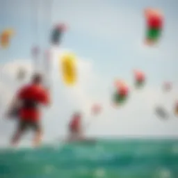 A vibrant kiteboarding school with colorful kites in the sky