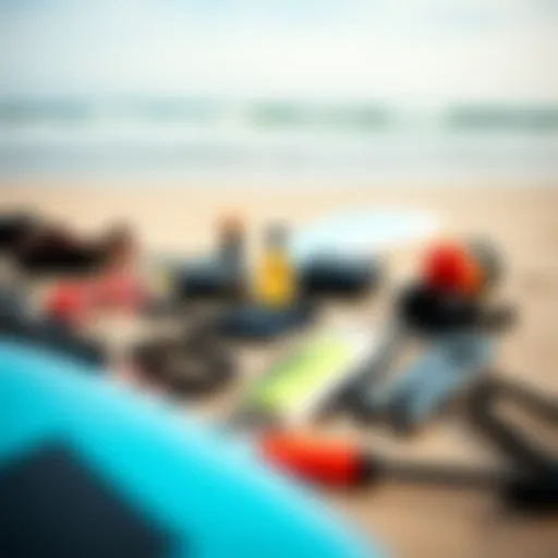 Essential surf kit components laid out on a beach