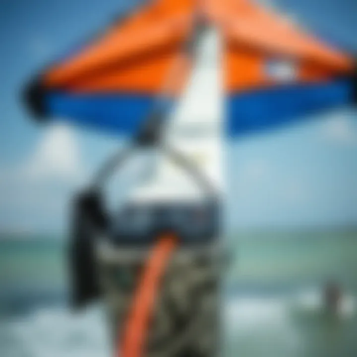 A close-up view of a kiteboarding kite showing its condition and features