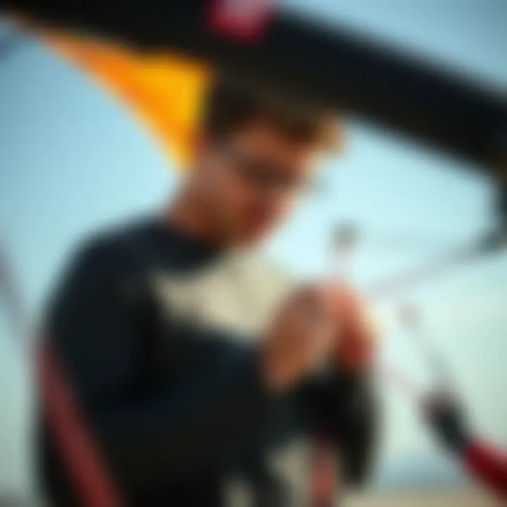 An individual inspecting a used kiteboarding kite for quality checks