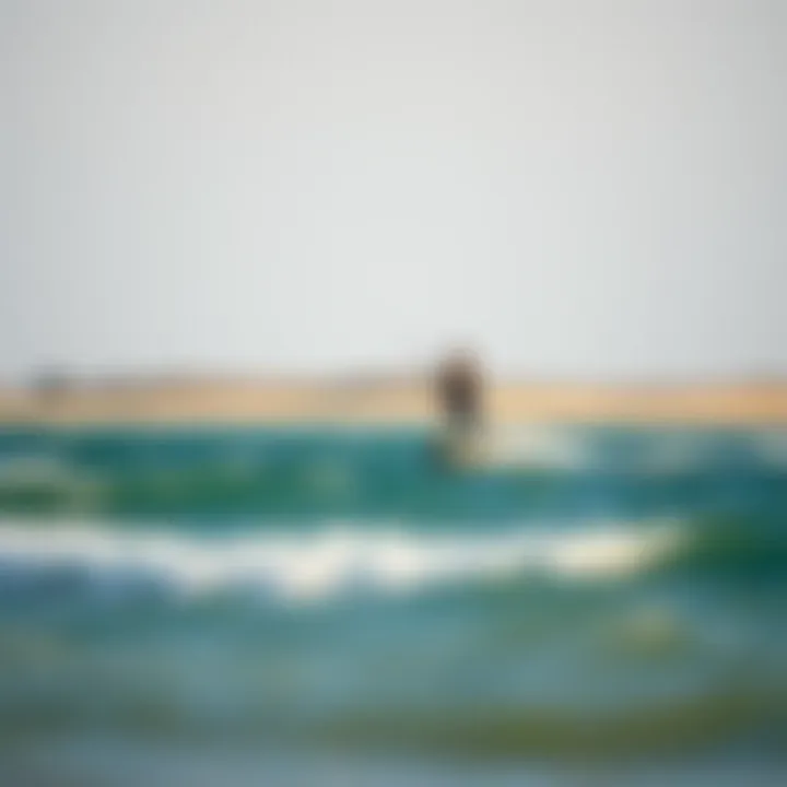 Joyful Kiteboarding Experience at the Beach A serene beach scene with a kiteboarder riding the waves, symbolizing the joy of kiteboarding.