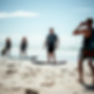 A serene beach setting where enthusiasts are using the Fanatic Wing Foil Board, showcasing practical usage