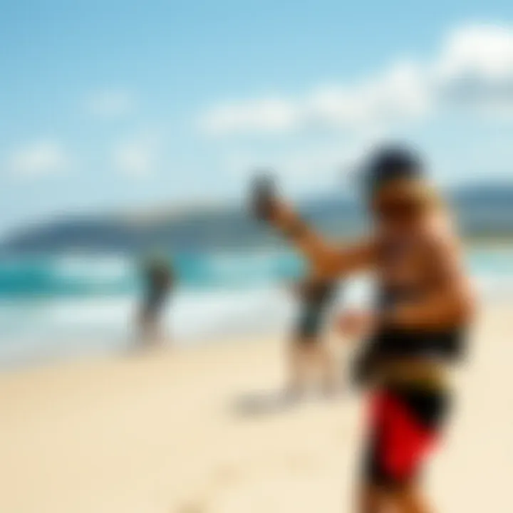 Scenic beach with kiteboarders and wind meters in use