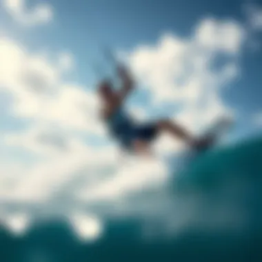 Kiteboarder riding a wave with wind meter app displayed