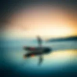 A hover paddle board gliding over a serene lake at sunset