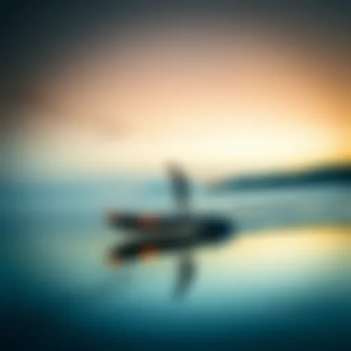 A hover paddle board gliding over a serene lake at sunset
