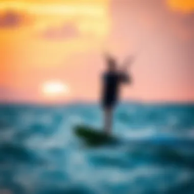 Serene Sunset in Hydrofoil Kitesurfing A serene sunset backdrop highlighting the tranquility of hydrofoil kitesurfing