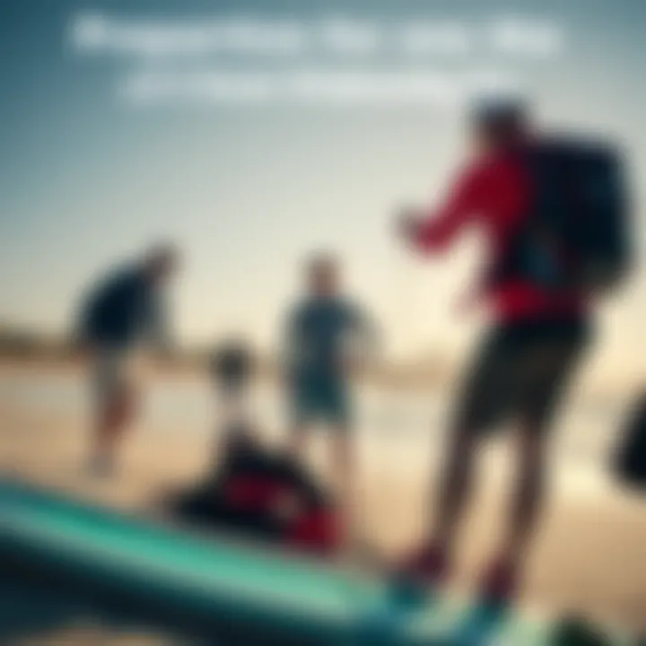 Preparation for a Perfect Kiteboarding Day Kiteboarding enthusiasts preparing their gear on a beach with clear skies