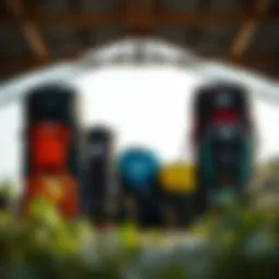 A variety of kiteboard backpacks displayed for comparison