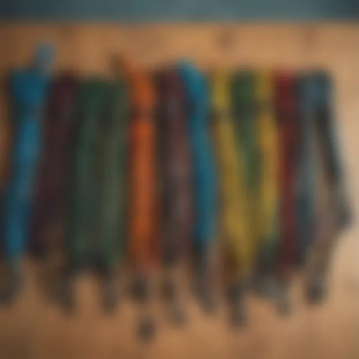 Variety of kiteboard leashes displayed on a table