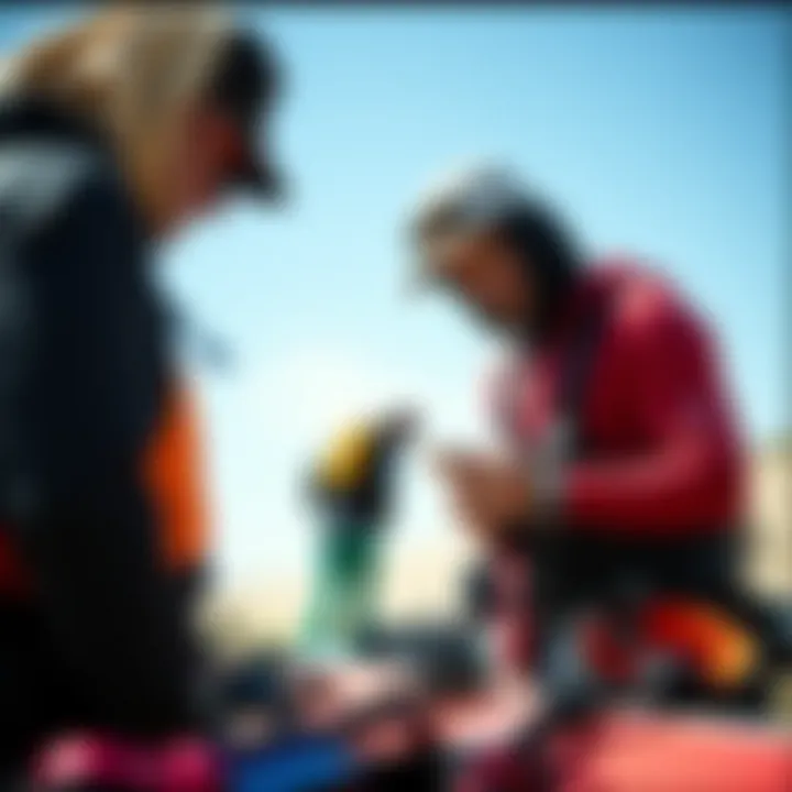 Quality Kiteboarding Gear Examination Enthusiasts examining high-quality kiteboarding gear