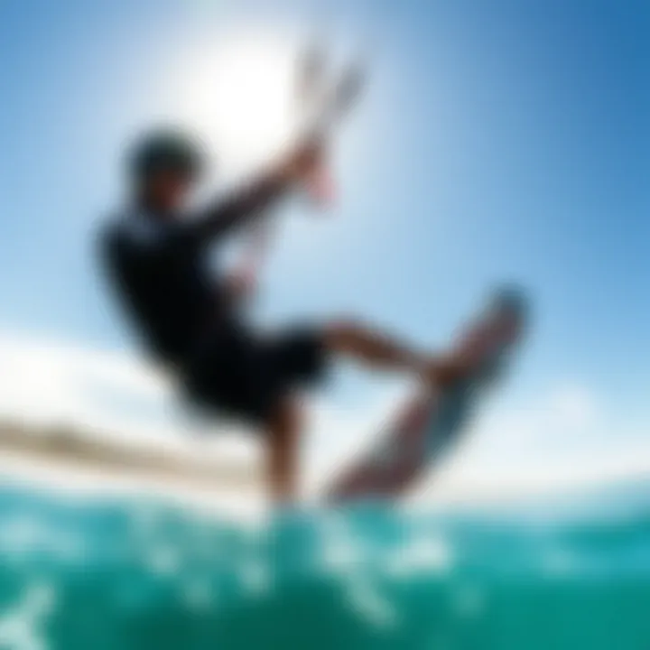 Kiteboarder demonstrating the use of a coil leash in action.