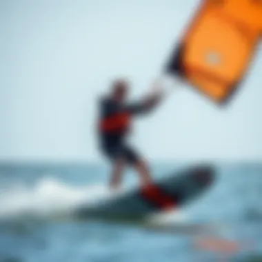 Kiteboarder in Action with Survival Suit Kiteboarder wearing a Mustang Survival Suit on the water