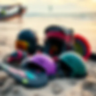 Essential Kiteboarding Gear Detailed kiteboarding gear displayed on the beach.