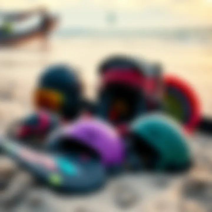 Essential Kiteboarding Gear Detailed kiteboarding gear displayed on the beach.