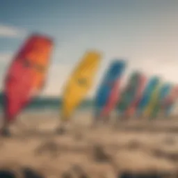 Colorful array of kiteboarding kites displayed on a beach