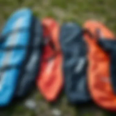 Variety of Kitesurf Board Bag Types Different types of kitesurf board bags laid out for comparison.