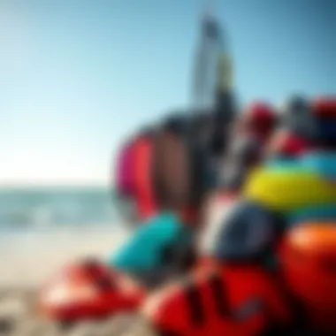 Colorful kitesurfing gear displayed on a beach