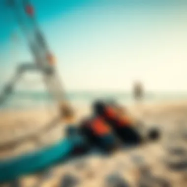 Kitesurfing equipment setup on the sandy beach