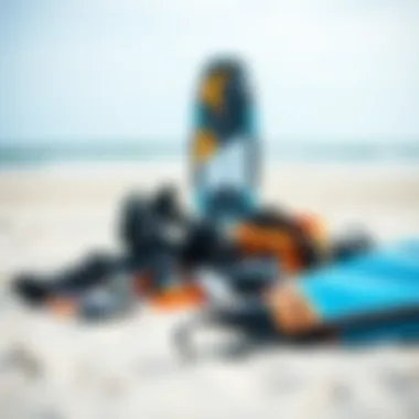 Essential Kitesurfing Equipment Kitesurfing gear laid out on the beach