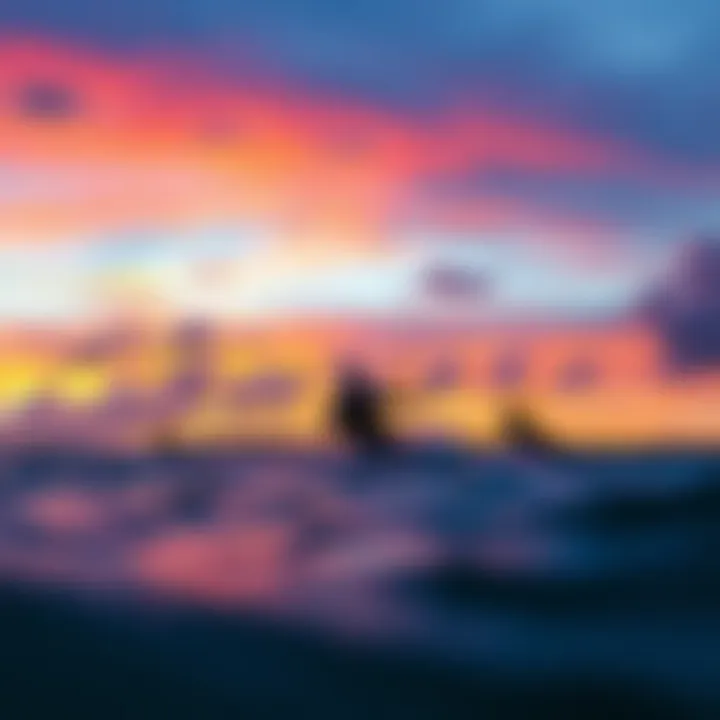 Kiteboarding at Dusk: A Spectacle of Color and Adventure Kiteboarders riding the waves against a backdrop of vibrant sunset skies