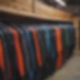 Different types of winter wetsuits for kiteboarding displayed on a rack